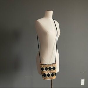 Vintage Wood Bead Crossbody Bag Black Gold Geometric Boho Folk Tribal Festival